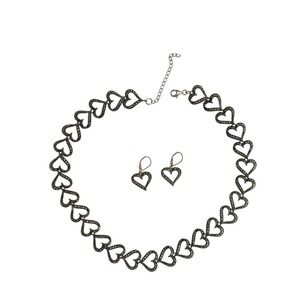 925A Sterling‎ Silver MCM Open HEART Marcasite linked Collar Necklace Earrings